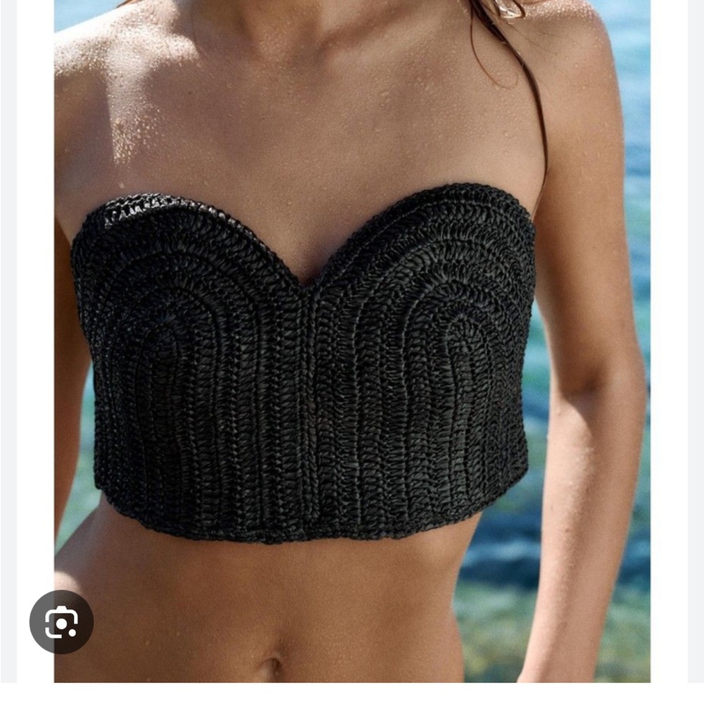 NWT Zara black Crochet Straw Strapless Top size S